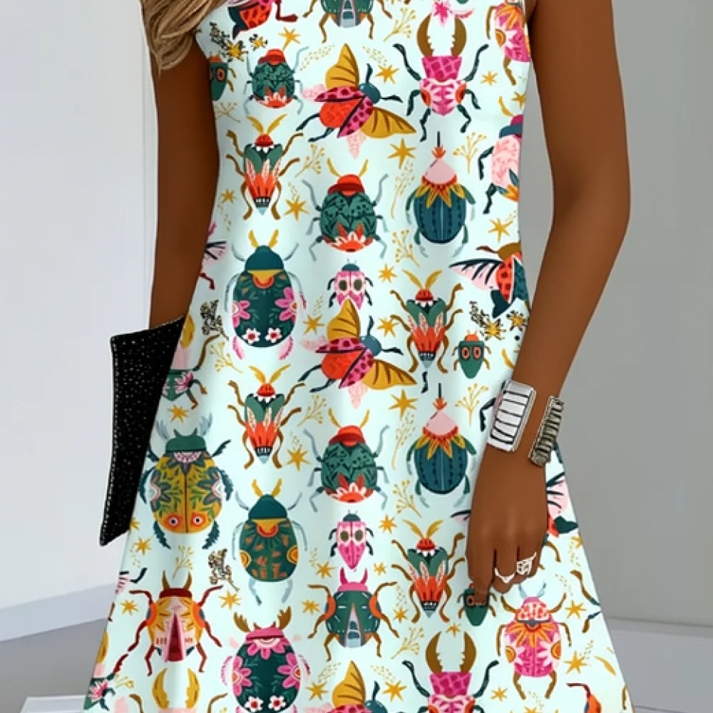 Womens Floral Printed Dress Sleeveless Round Neck Elegant Casual Midi Dresses Loose Fit Fashion Streetwear Daily Wear For Ladies