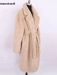Mauroicardi Spring Winter Long Oversized Thick Warm Soft Fuzzy Fluffy Faux Fur Coat Women with Sashes Loose Furry Overcoat 2024