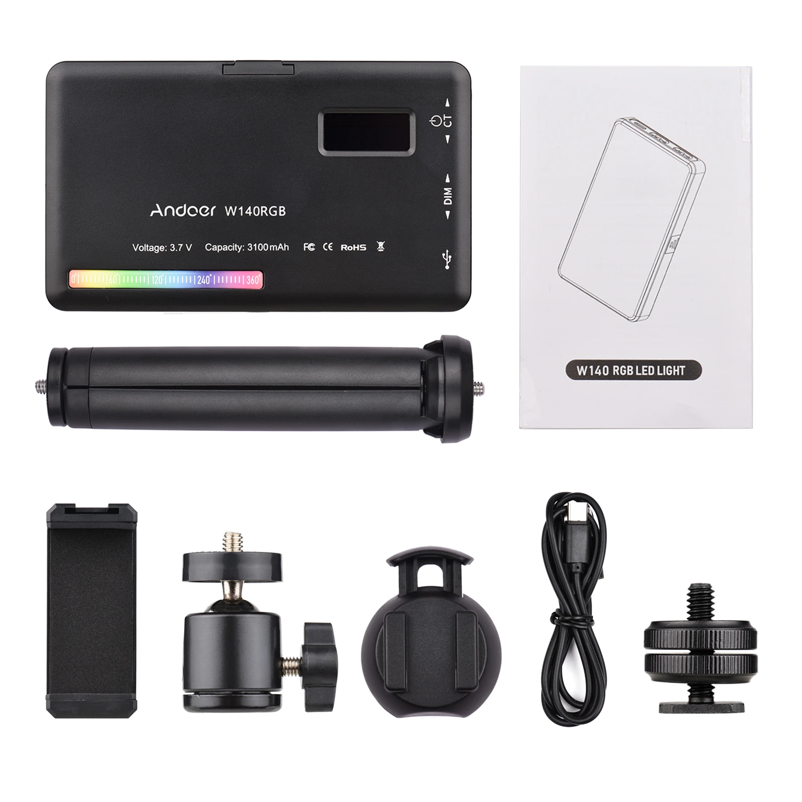 Andoer W140 RGB LED Video Light Kit Pocket Video Lighting 2500K-9000K with Desktop Tripod Ballhead Phone Holder Computer Clip