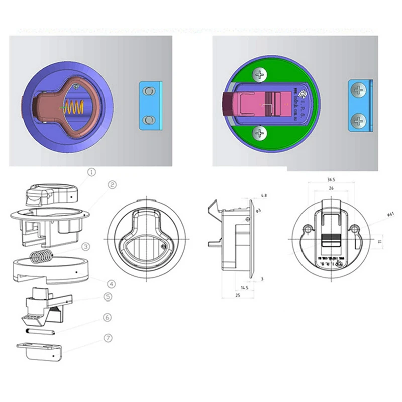 3X Latch Hatch Round Pull Latchlatch Flush Pull For1/4 Door Boat Deck Hatch RV Drawers Cabinet Yacht