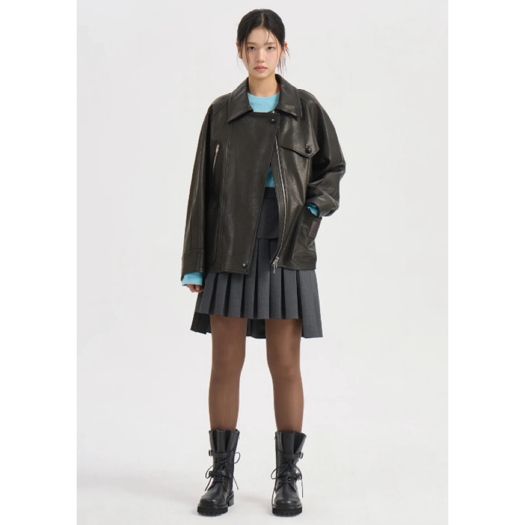 Casual Style Leather Jacket Coat with Stand Collar for Commuting Versatile Zipper Design Fashionable Personality Pure Color