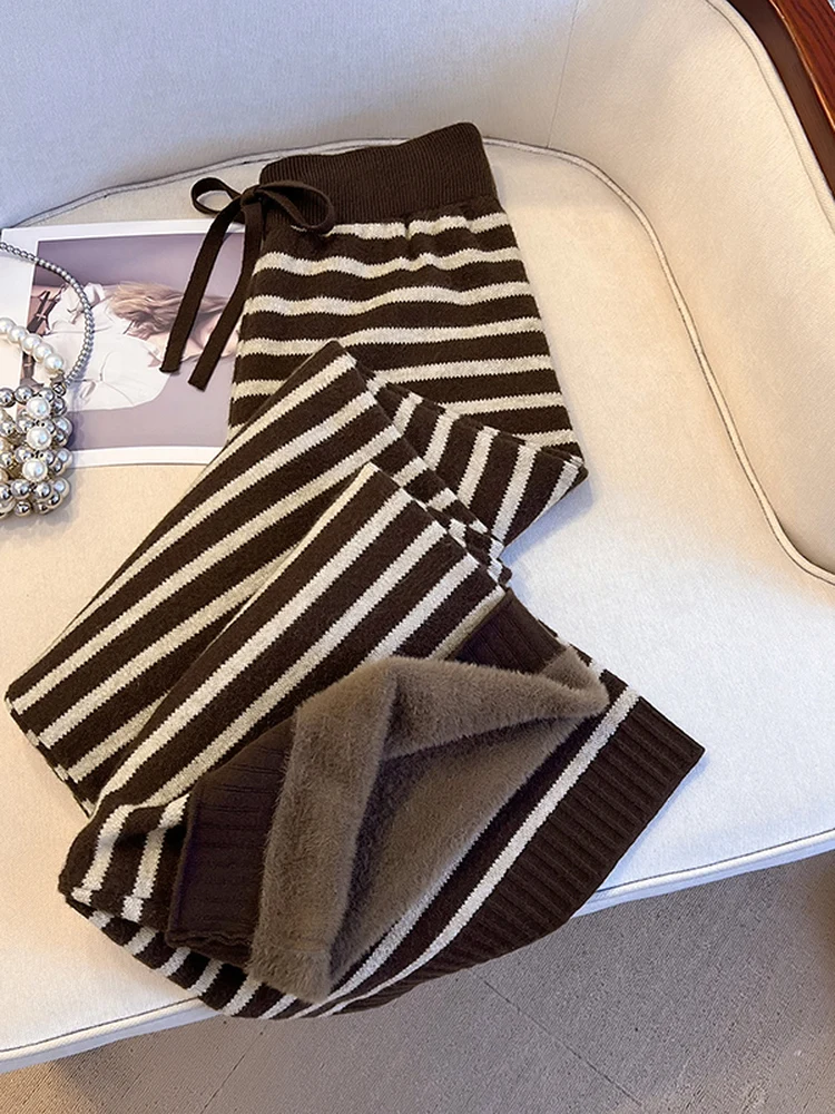 

Новинка: Зимние вязаные брюки с широкими штанинами на флисовой подкладке, женские брюки с высокой талией, удобные, в полоску, свободного кроя, модные...