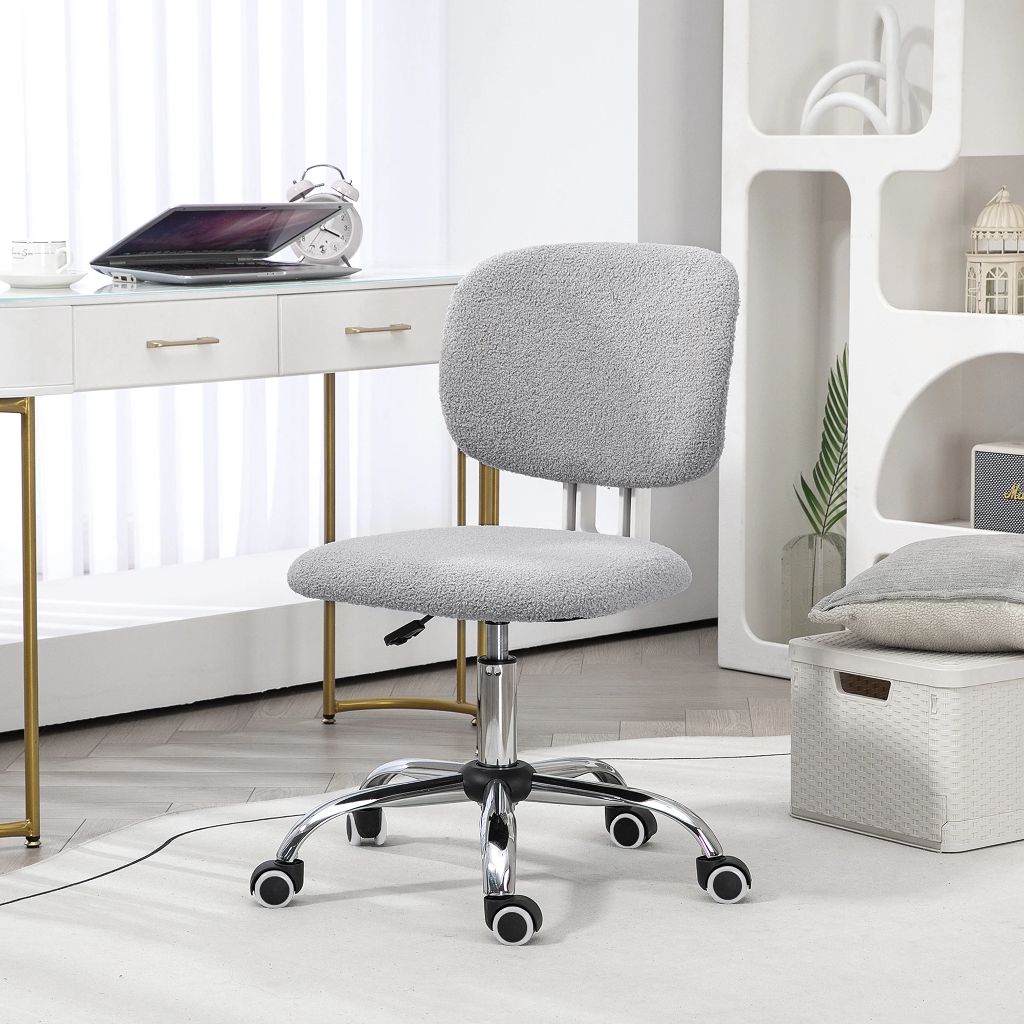 Vinsetto Cute Armless办公椅, Teddy Fleece Fabric Computer Desk Chair, Vanity Task Chair with Adjustable Height