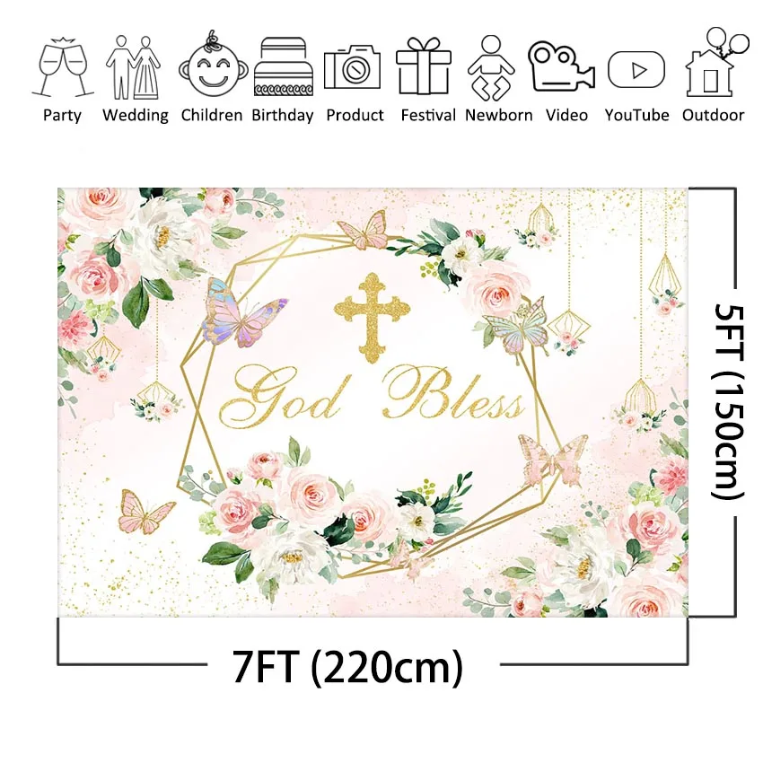 Fondo de bautismo Mocsicka para niñas, primera comunión, bautizo, Baby Shower, decoración de fiesta, fondo de bendición de Dios de oro rosa