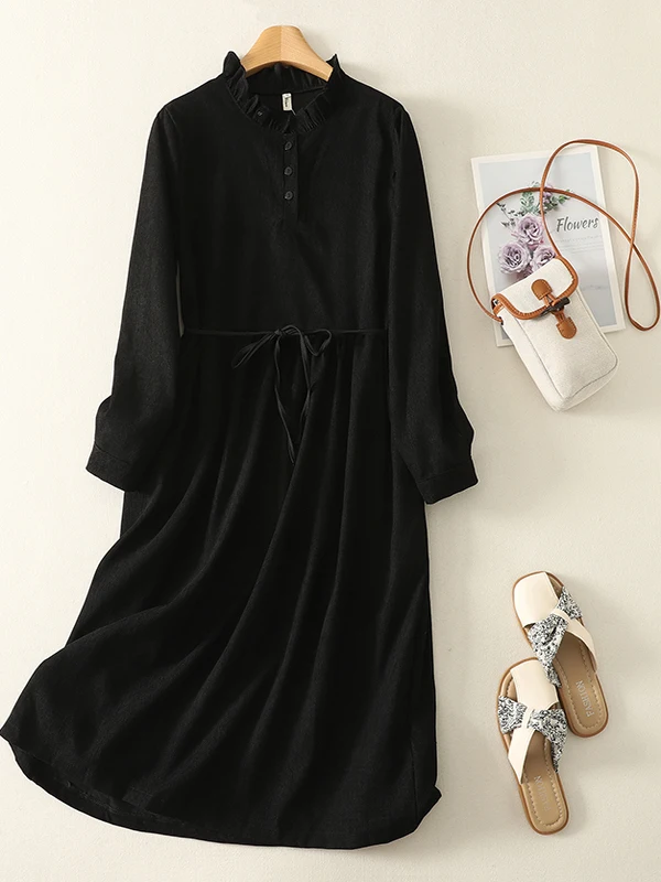 

Свободные длинные вельветовые платья Sve, женские дизайнерские сенсации, большой размер, однотонные, с v-образным вырезом, трапециевидной формы, повседневные, французские, слэ