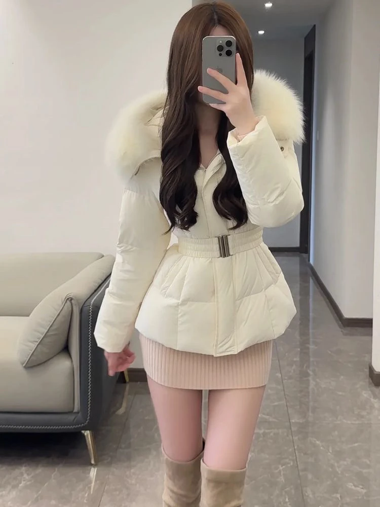 Korean Women's New Winter Hooded Parka Jacket with Big Fur Collar Waist Cinched Slim Fit Thick Warm Cotton Ropa Para Mujer