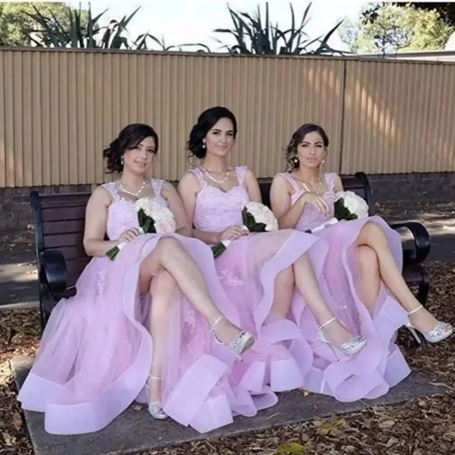 Vestido de dama de honor de línea a de tul suave, vestido de dama de honor de color rosa pálido, vestido de encaje formal, vestido de invitados de boda de talla grande, barato