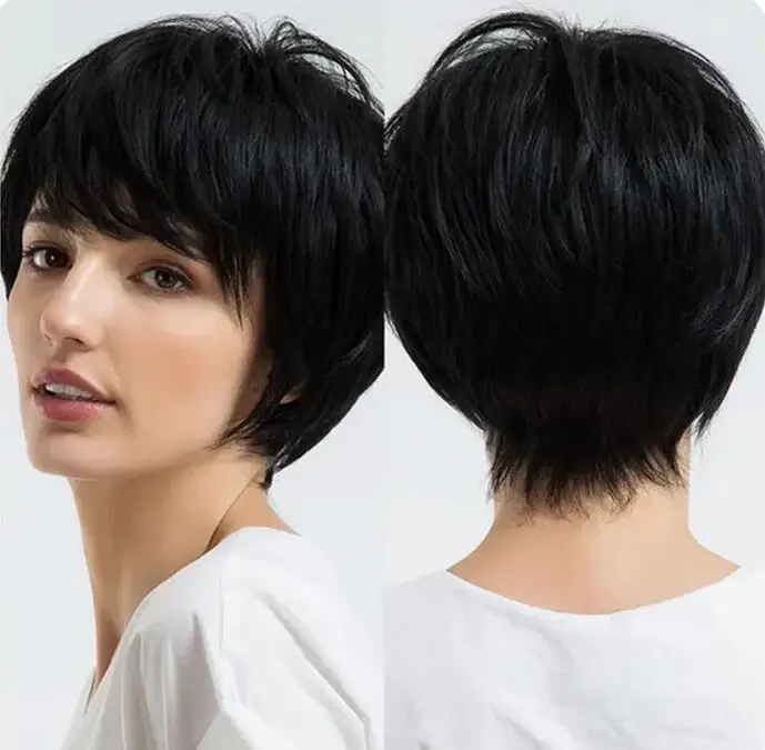 Short Straight Black Synthetic Wigs with Bangs Natural  Cut Cosplay Party Wigs for Women Afro High Temperature Fibre