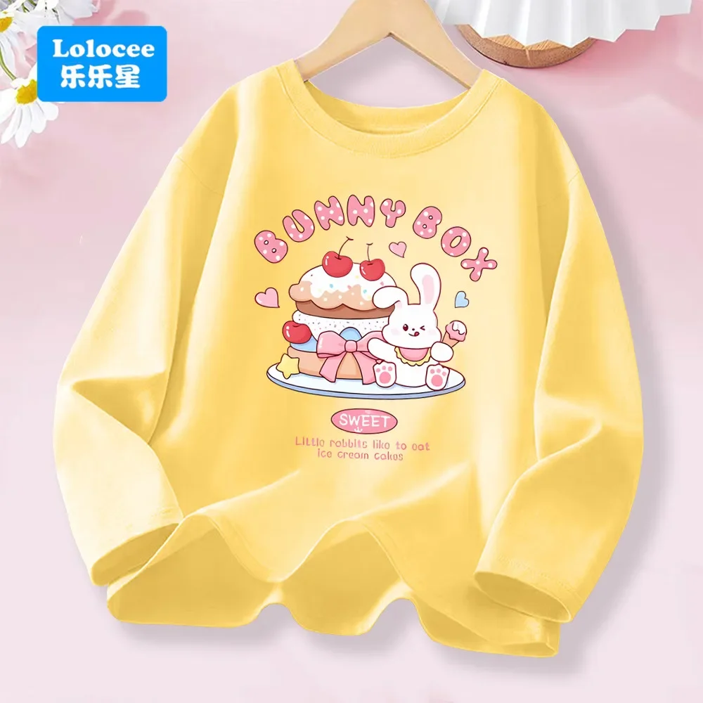 Детская футболка с длинными рукавами Kawaii Rabbit & Dessert Cake, милый принт кролика, повседневный повседневный топ для девочек, мягкая хлопковая детская одежда