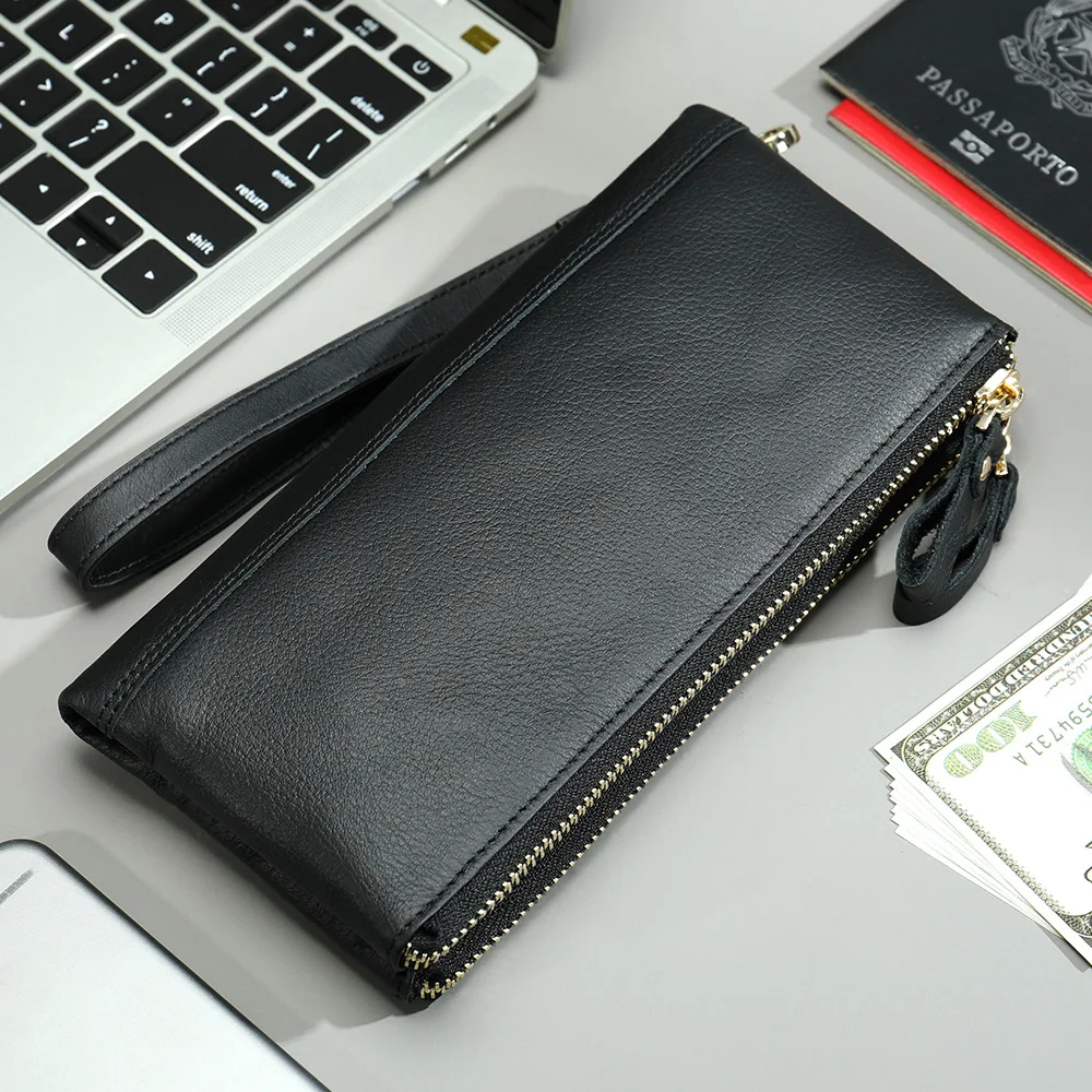 Damespolsbandje Clutch Portemonnee Echt lederen clutch Mobiele telefoon Smartphone Lange portemonnee Vintage portemonnee Reispolsbandjes met dubbele ritssluiting