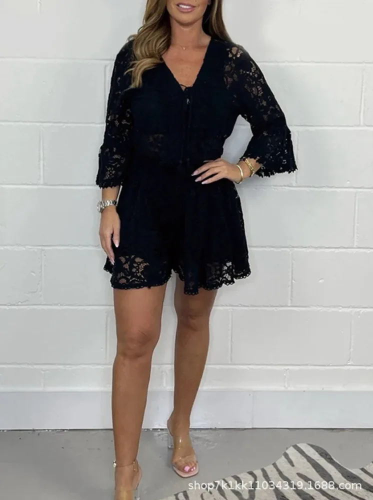Vrouwen Korte Sets Twee Stukken V-hals Hollow Tops Sexy Bijpassende Sets Hoge Taille Shorts Trui Losse Y2k Streetwear Zomer 2025,