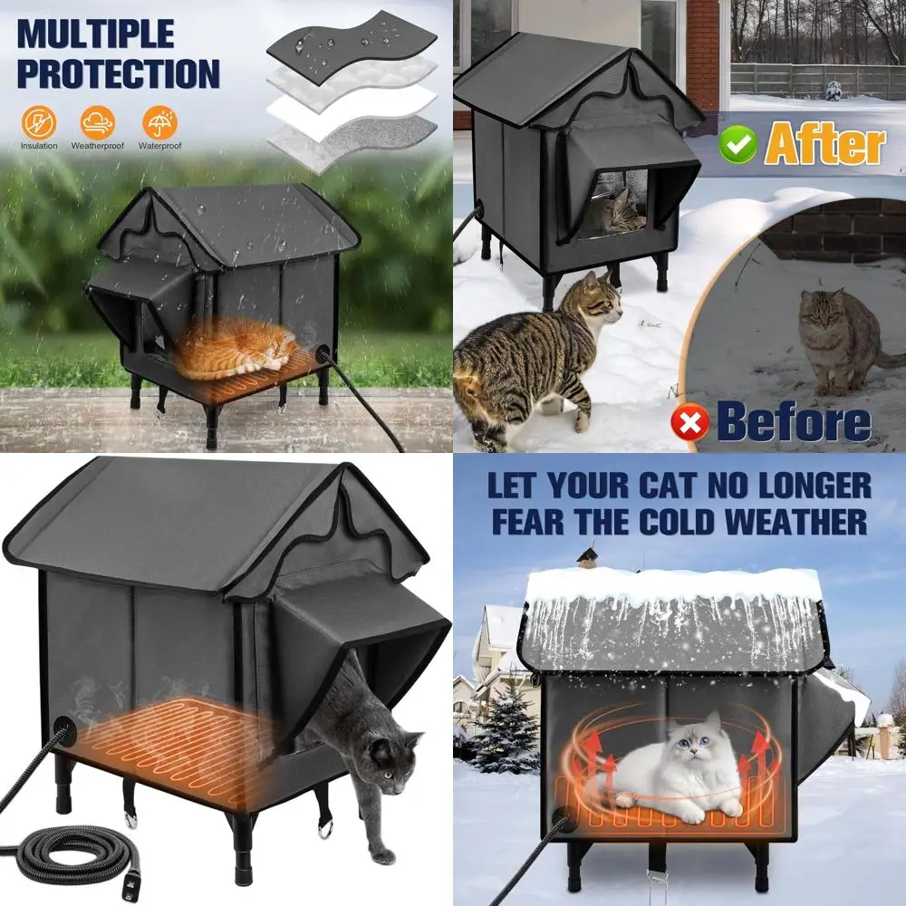 

Insulated Outdoor Cat House with Heated Pad, Waterproof and Weatherproof, Gray Elevated Shelter for Feral Cats, 21x19.4x16.5 in