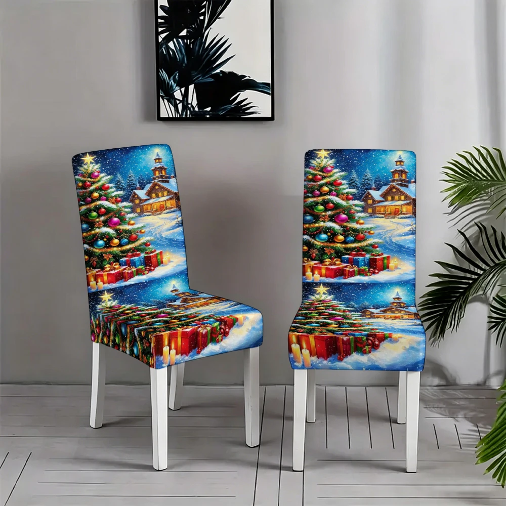 Christmas Tree Snowy Village Gift Box Candle Dining Chair Slipcover Stretch Xmas Chair Cover Washable Elastic Seat Protector