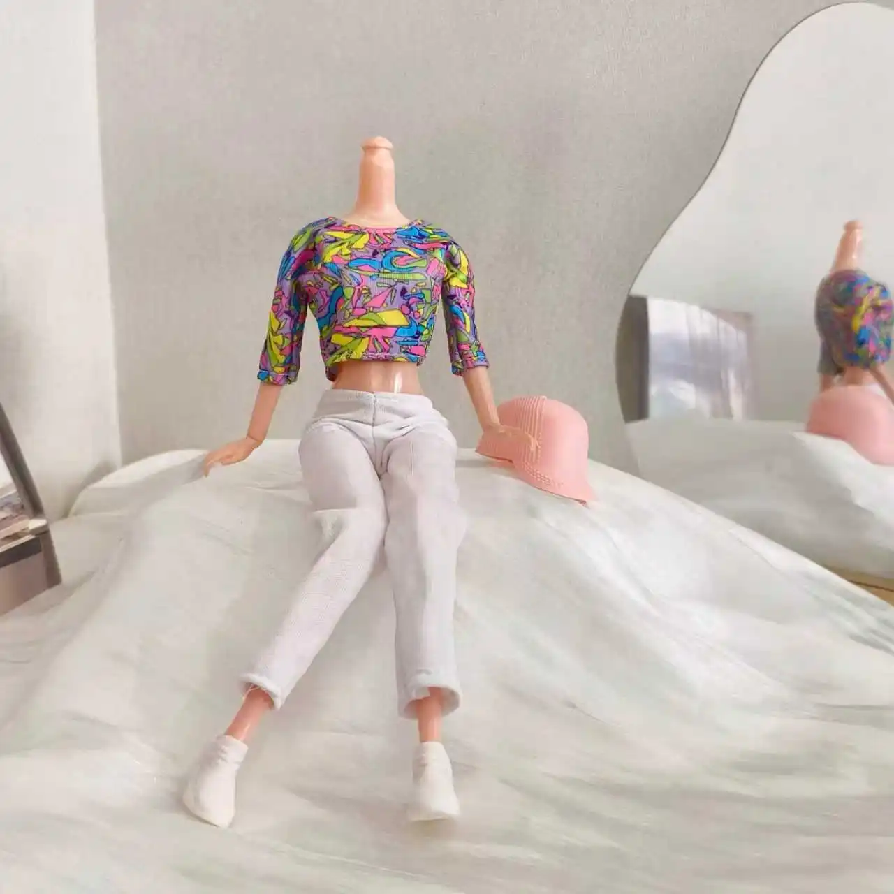 Mode Winter Roze Donsjack + Geometrische Top + Witte Broek Set Voor 1/6 Supermodel Pop Dress Up 30 cm Pop Kleding Accessoires