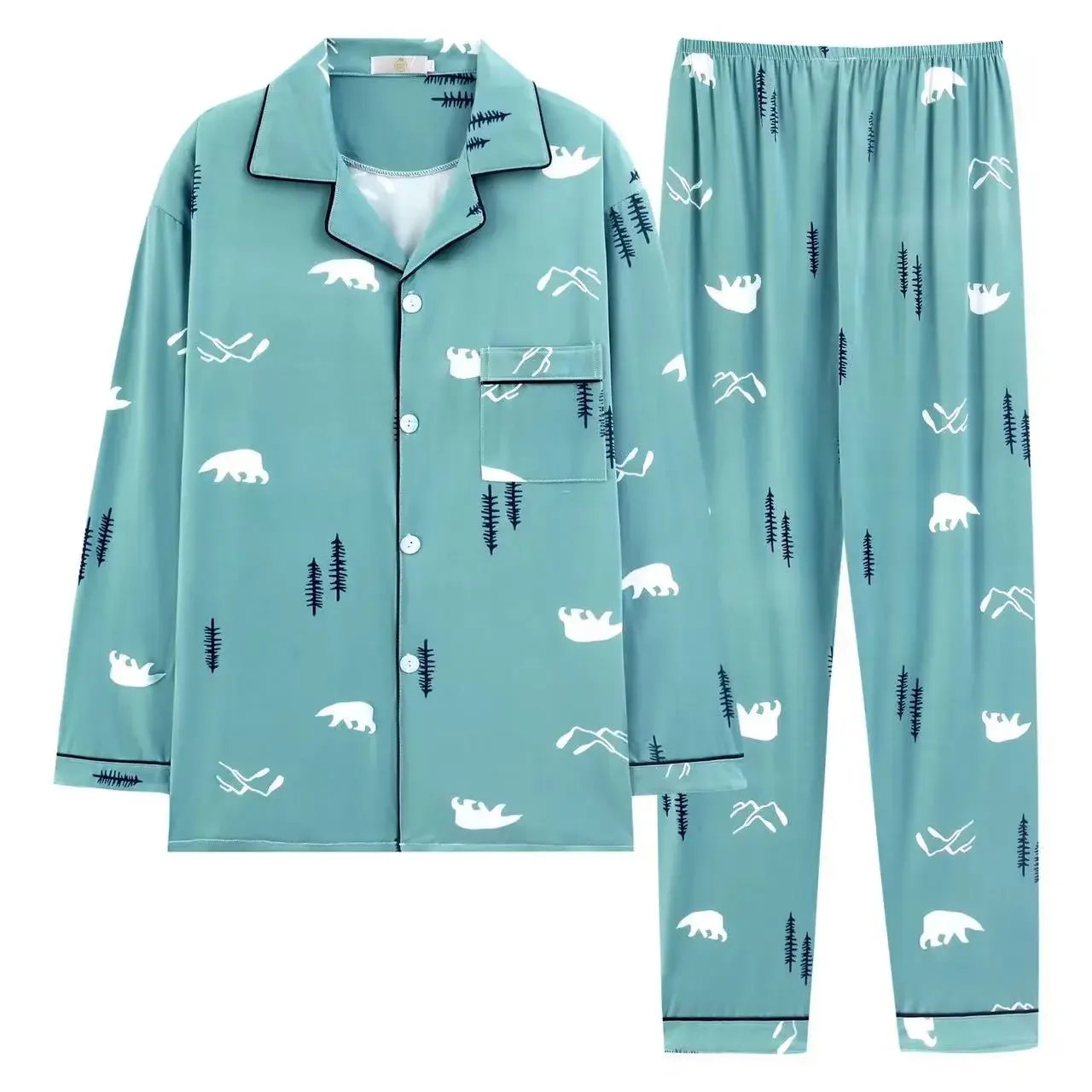 Confortável pijama masculino de manga comprida, cardigã azul claro, conjunto de roupas soltas para casa, primavera e outono