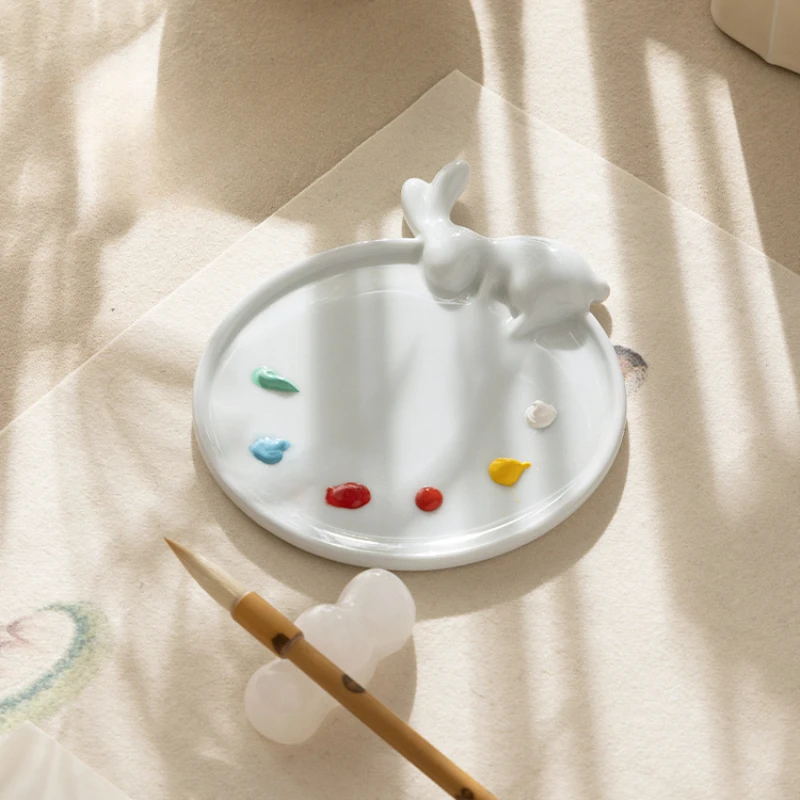 Moon Rabbit Shape Ceramic Palette for Watercolor Painting Cute Brush Holder White Porcelain Easy To Clean Student Art Supplies