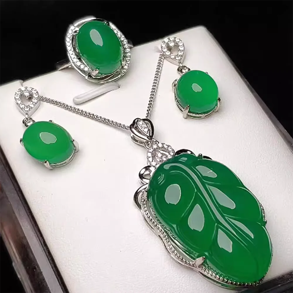 Natural Emperor Green Jade Marrow Tree Leaf Sun Green Pendant Ring Earring Set