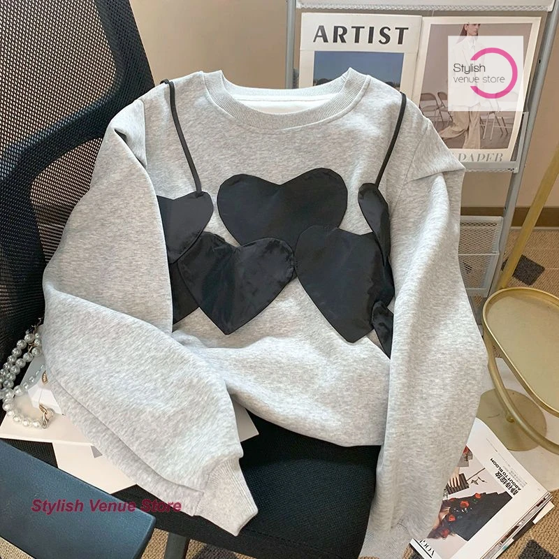 French design sense of love stitching shoulder pad sweater women spring new niche fashion temperament loose age round neck top