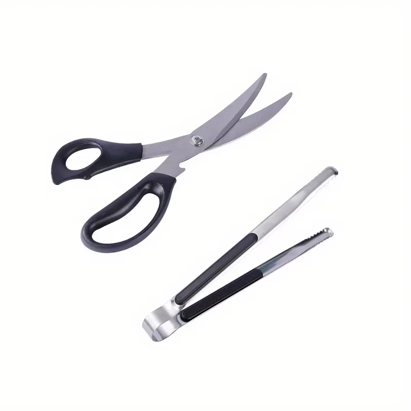 2pcs /set BBQ Scissors Clip Set Chicken Cutlet Scissors BBQ Clip Food Clip Kitchen Tool Set#Color:black