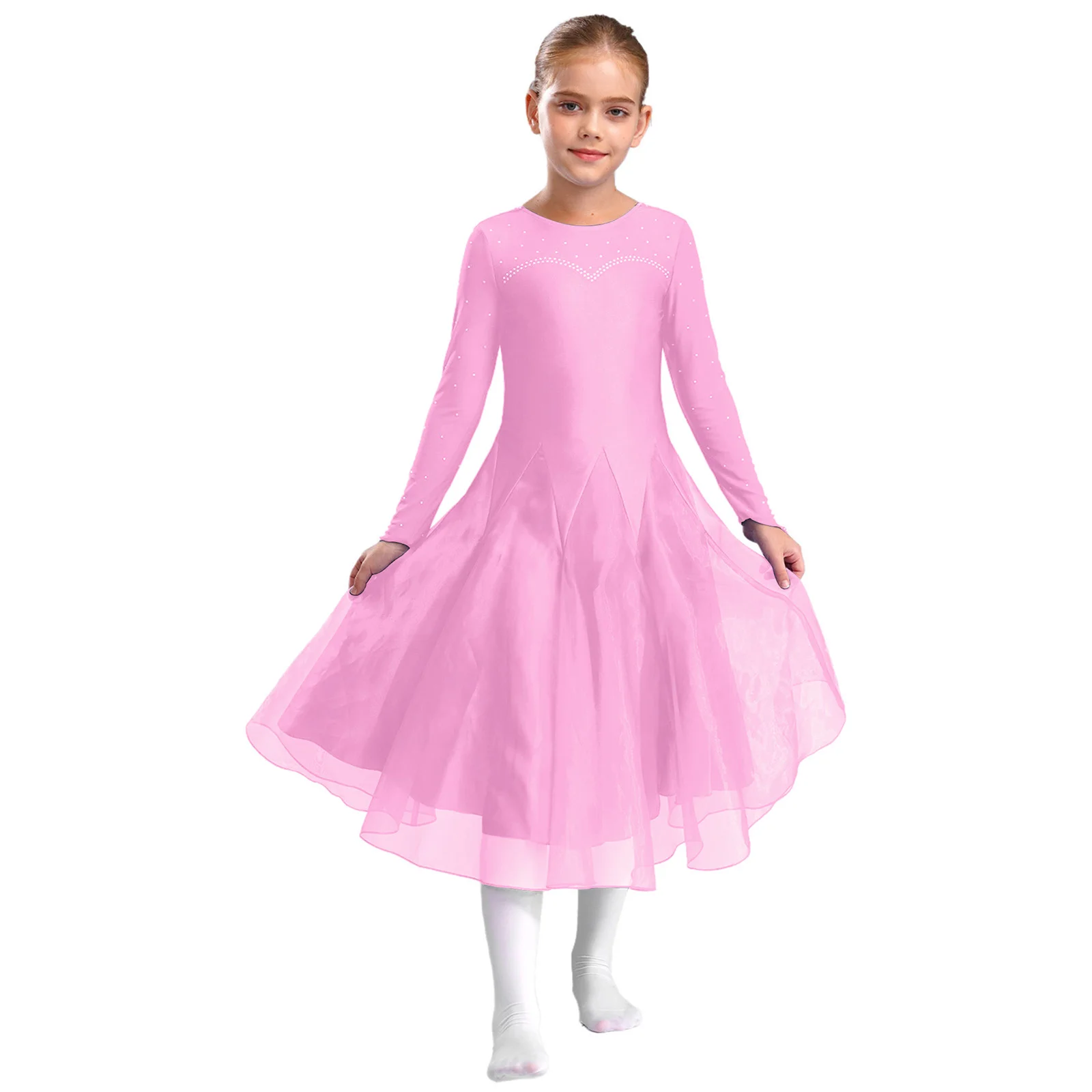 Girls Rhinestones Ballroom Dancing Costume Ballet Dress Professional Modern Waltz Tango Practice Competition Performance Dress