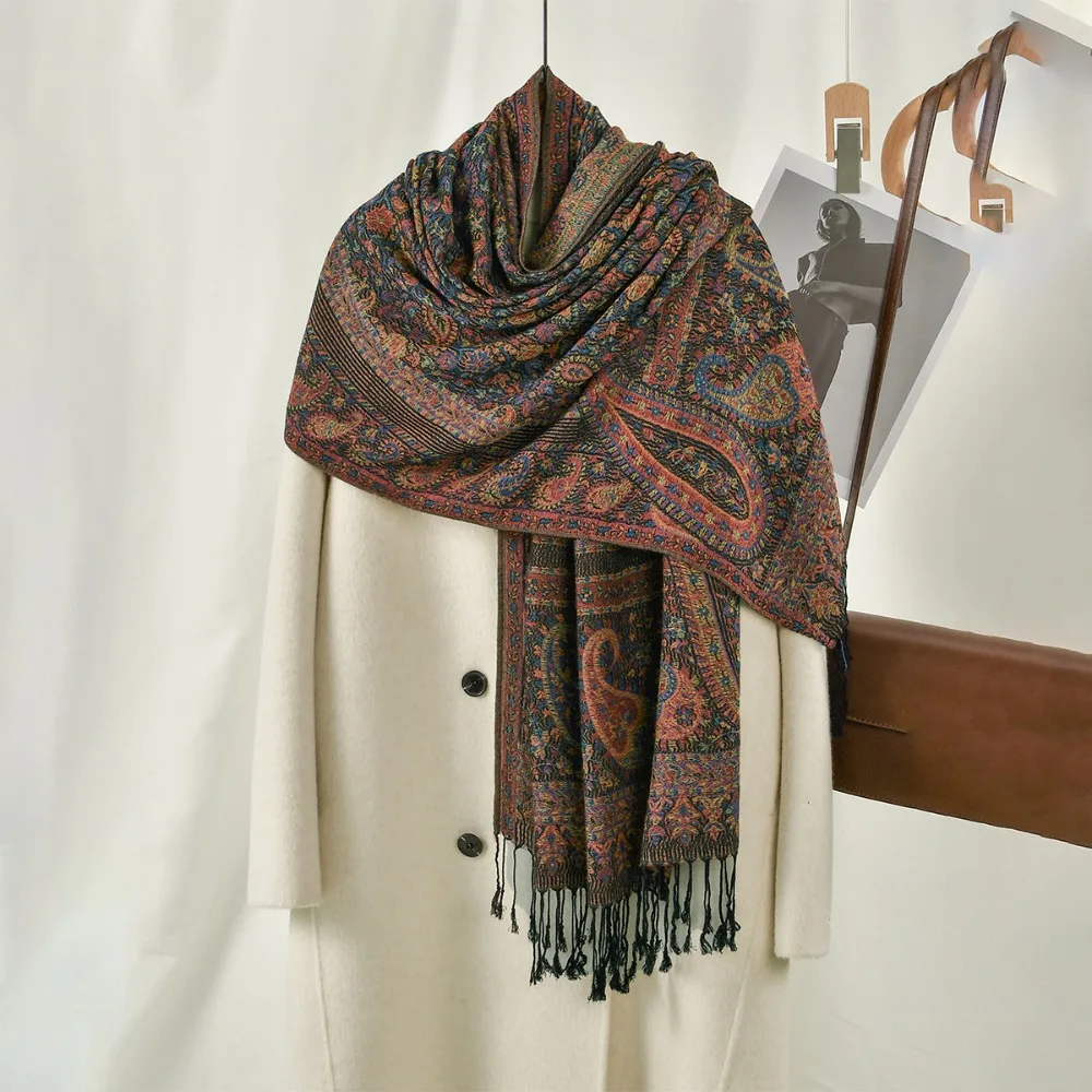 

Elegant Printed Ethnic Style Scarf Jacquard Tassel Hijab Scarf Long Bandana Cashew Headscarf Female