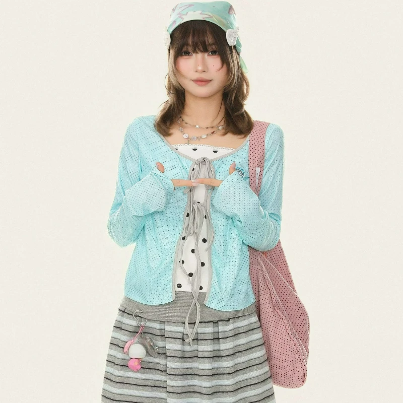 Polka Dot Strap Fake 2-piece Women's Long-sleeved T-shirt 2026 Autumn Sweet Design Loose Y2k Versatile Age-reducing Tops Ladies
