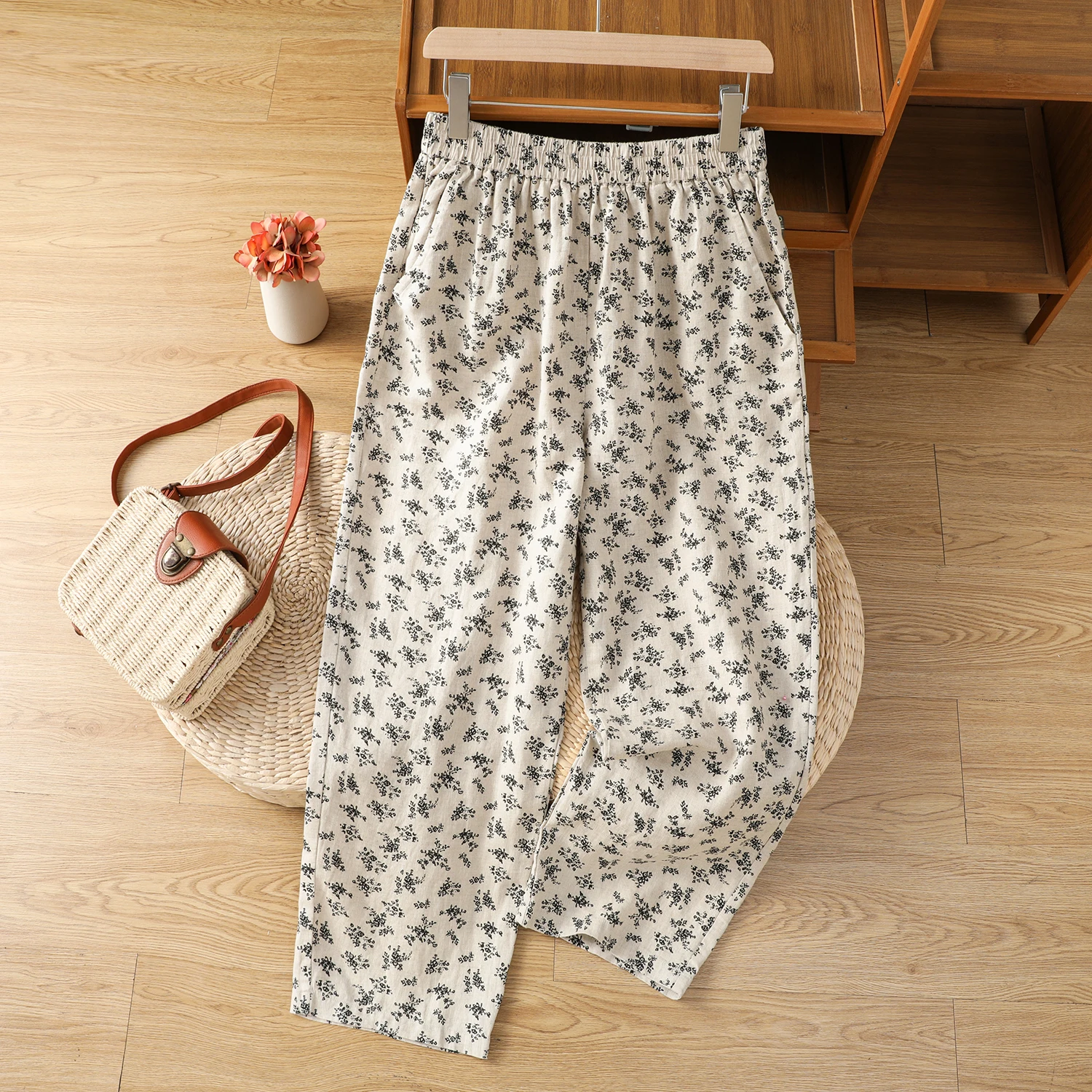 

Новые летние льняные женские брюки с цветочным принтом, повседневные прямые брюки с тонкой эластичной резинкой на талии, тонкие длинные брюки из смеси хлопка