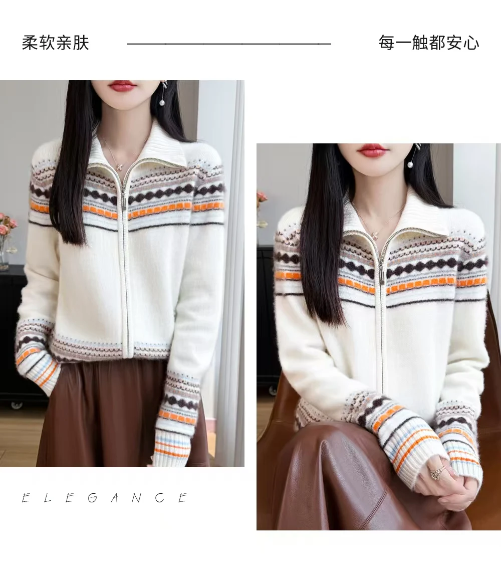 Turtleneck cardigan with 100% pure cashmere color matching knitted cashmere coat sweater