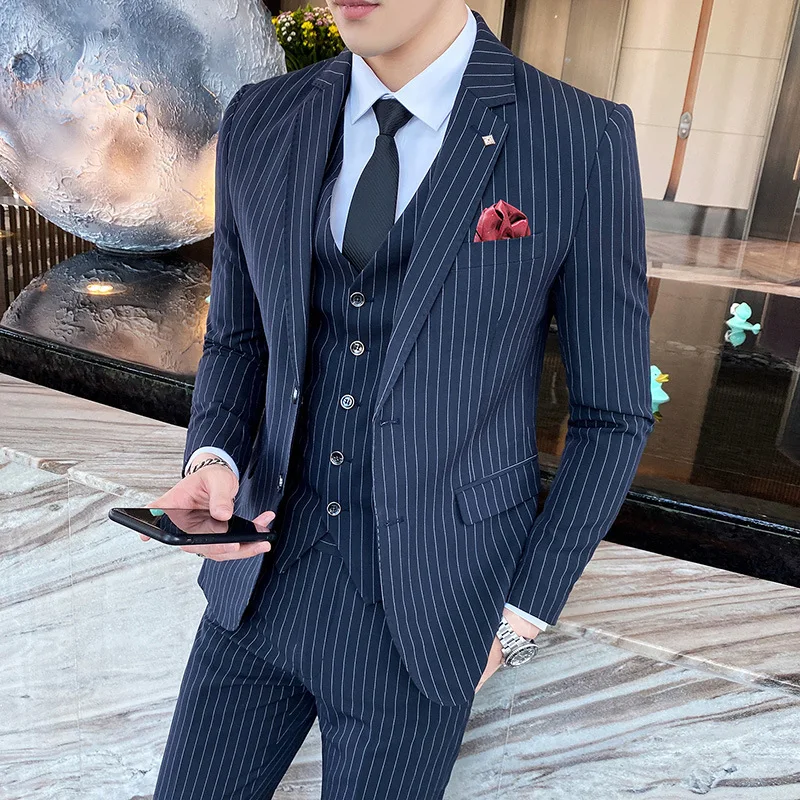 (Jackets+Vest+Pants) 2022 Men\'s Three-piece Suit/Male Slim Fit Cotton High Quality Business Blazers/Man Stripe Groom Dress S-5XL