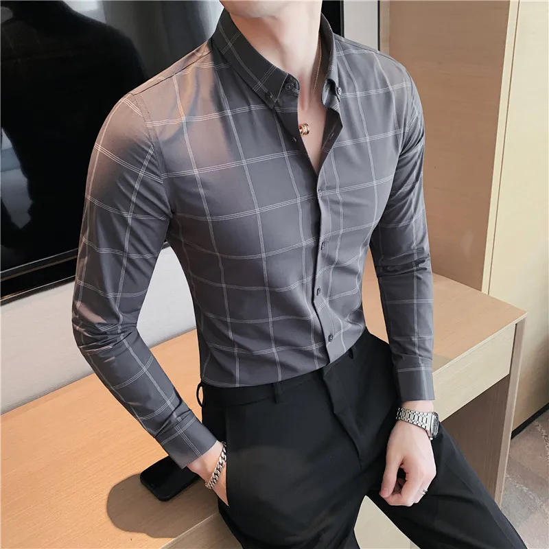 Classic Men Plaid Shirt Full Sleeve Luxury Design Non-iron Shirt Slim Fit Business Shirts Green Wedding Shirts Groom Men Clothes