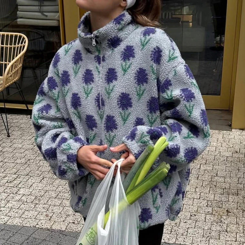 

New Autumn Winter Women's Floral Casual Loose Pullover Hoodies Half Zip Style Loose Warm Fleece Lining Sweatshirt 2025 Street