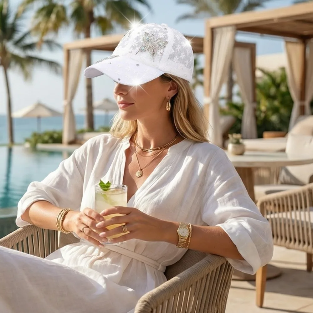 

Breathable Butterfly Flower Baseball Cap Rhinestone Lace Visors Cap Hip Hop Adjustable Mesh Peaked Hat Girls