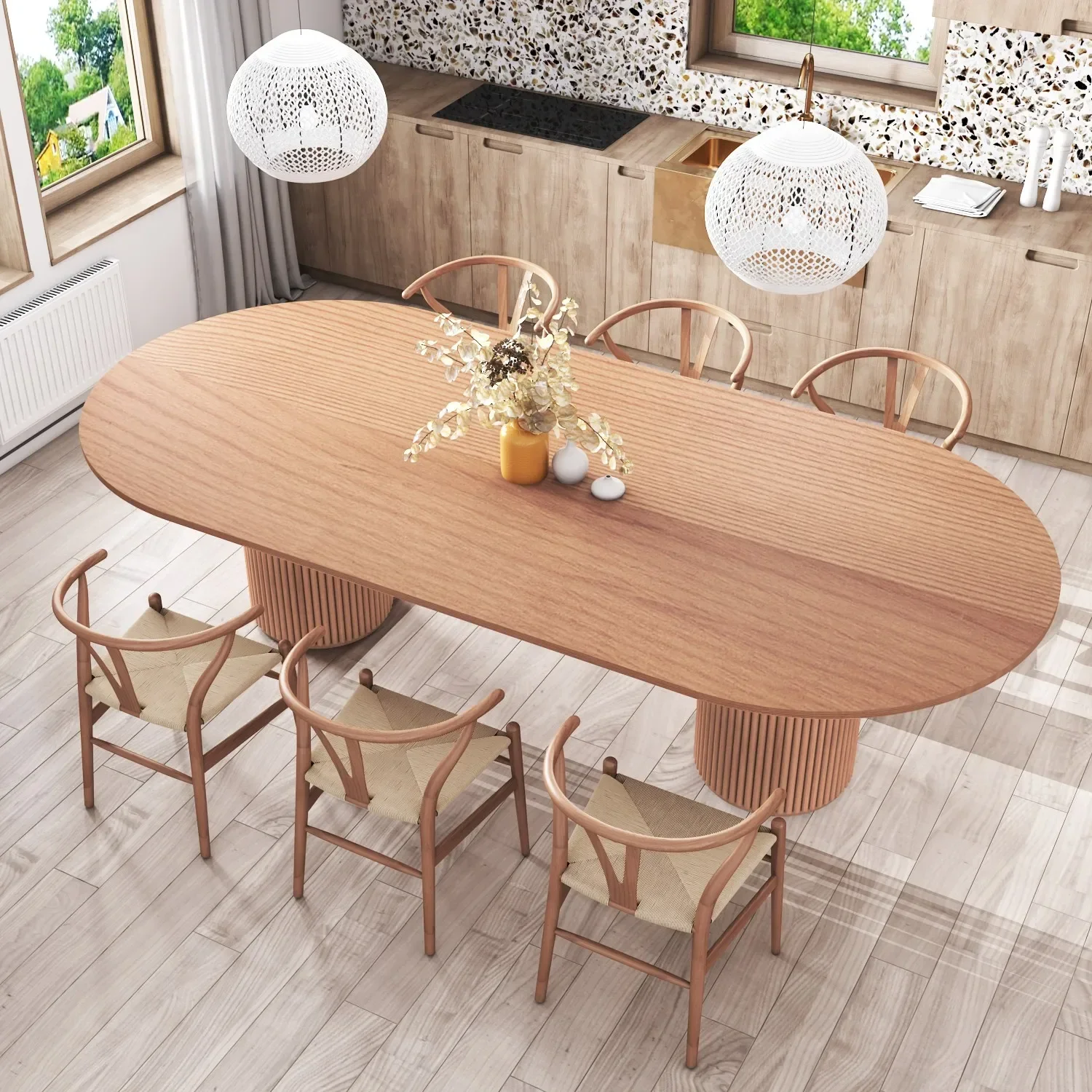 Nordic solid wood dining table family modern simple rattan dining table table chair combination B&B hotel