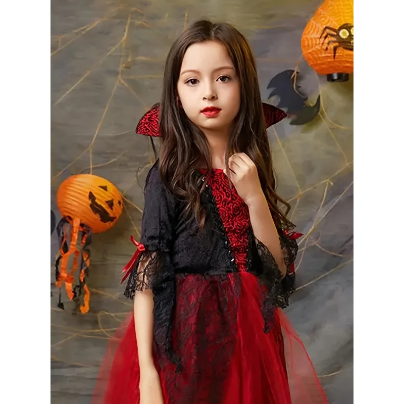 Готическое праздничное платье вампира для девочек — элегантный красно-черный кружевной костюм с воротником-стойкой, тюлевой юбкой и контрастной кружевной отделкой, Хэллоуин