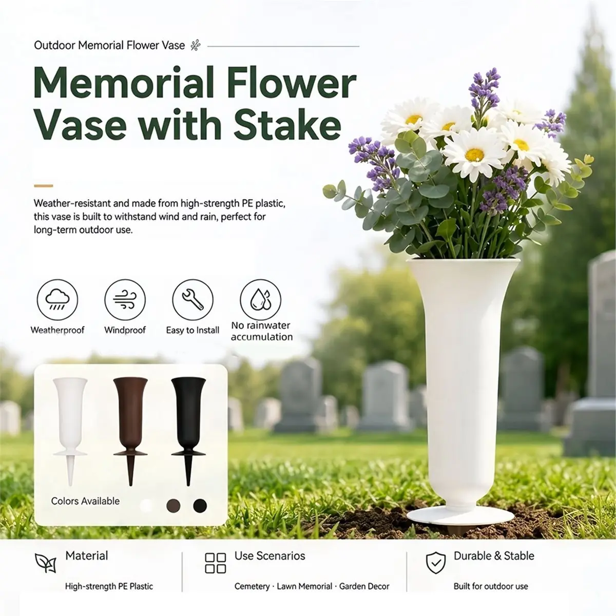 L70A 2PCS Memorial Cemetery Vases Outdoor Patio Vase Weatherproof Flower Holders with Ground Spikes for Graves Patio White