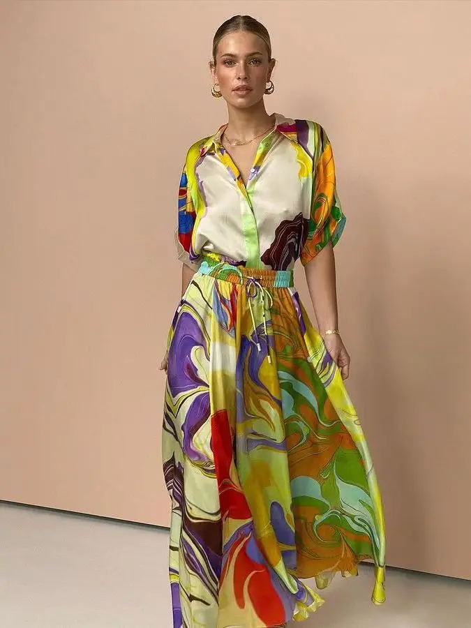 Fashionable Printed Shirt And Skirt Set High Waist Long Sleeve A-Line Dress Elegant Ladylike Look Perfect for Date And Daily ...