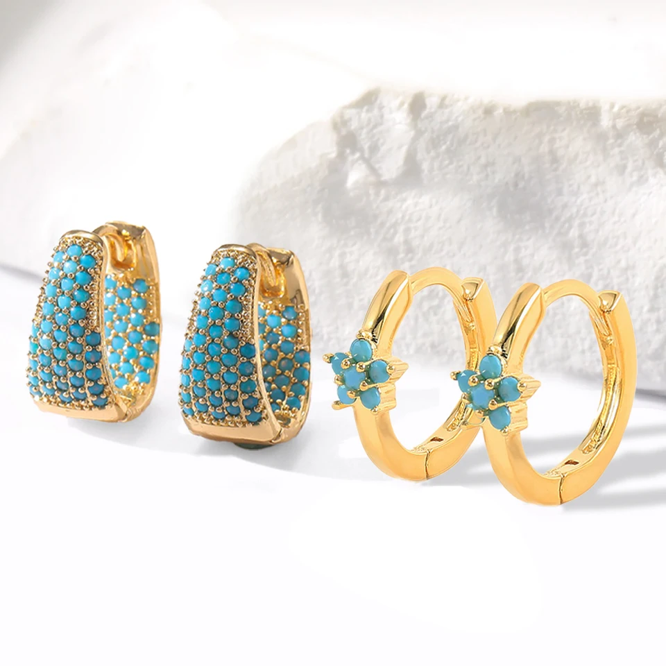 2 Pairs New U-shaped Flowers With Blue Turquoise Earring Exquisite Temperament Ear Buttons For Women Fashion Festival Jewelry image 2