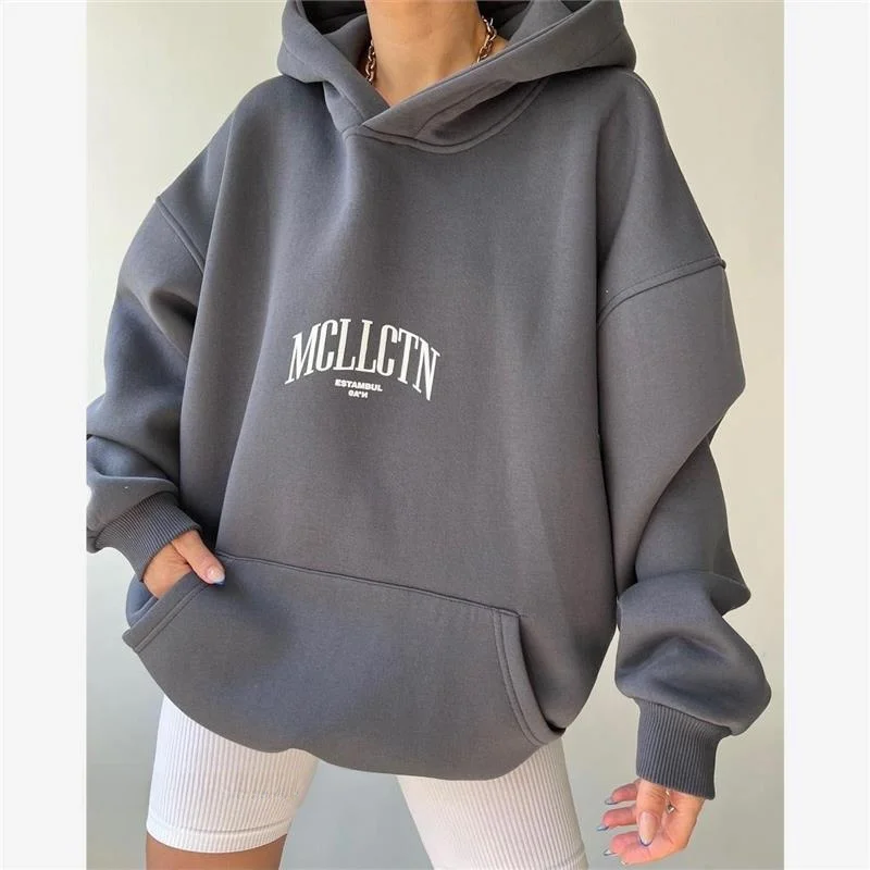 Felpa con cappuccio lunga con stampa di lettere Faion casual da donna, comoda felpa streetwear per la stagione autunnale
