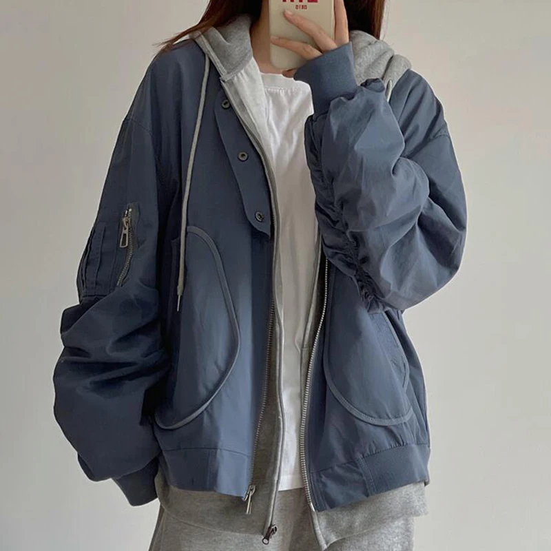 

Gidyq Women Korean Baseball Jacket Autumn Fashion Designed Buttons Folds Loose Outerwear Casual Female All Match Streetwear Coat