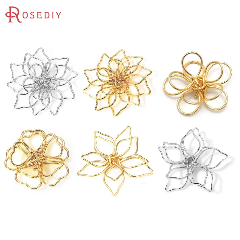 18K Gold Color Brass 3D Wire Flower Charms Pendants High Quality Diy Jewelry Making Necklace Earrings Accessories for Women