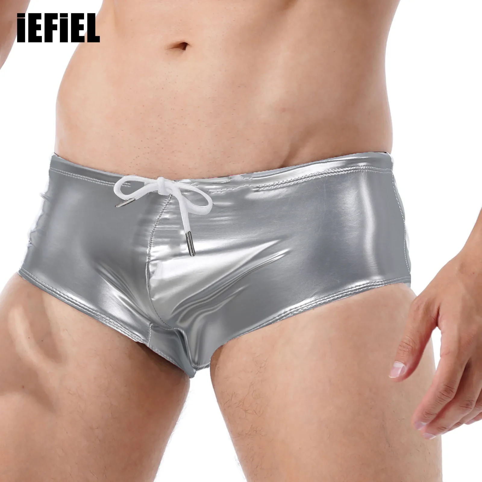 Mens Wet Look Patent Leather Swim Shorts Trunks Low Rise Drawstring Boxer Shorts Swimwear Party Clubwear