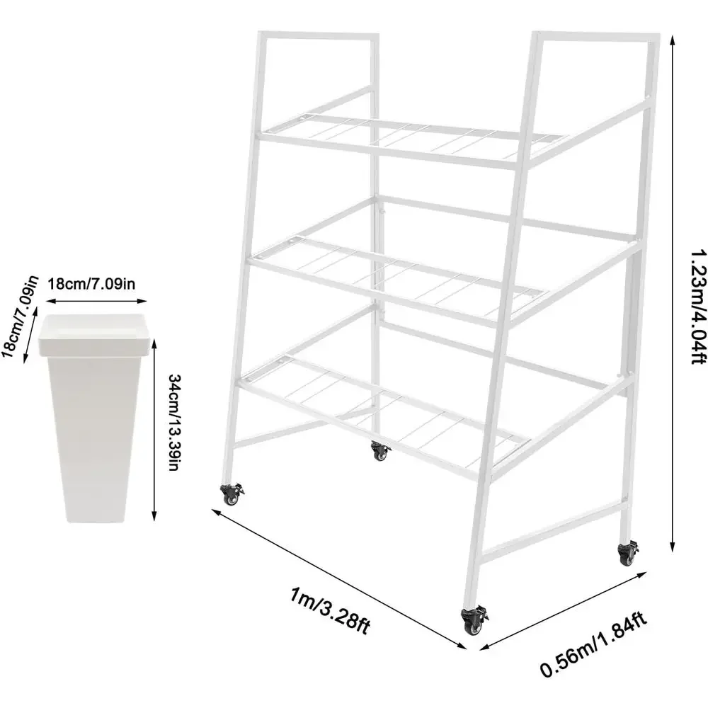 3-Tier Square Bucket Display Stand with Rolling Plant Holder and White Shelves