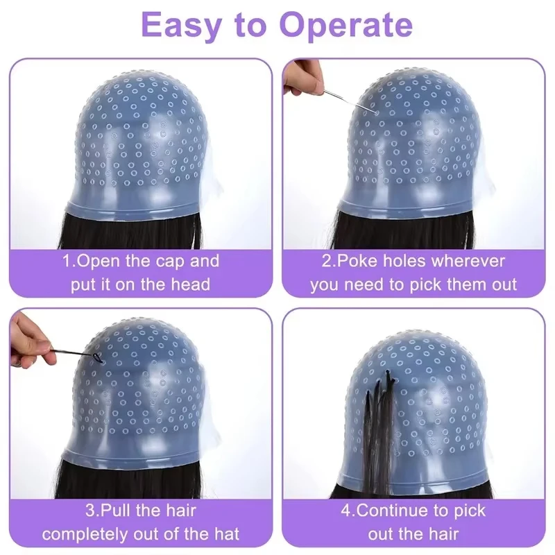 قبعة تلوين الشعر مع خطاف، قفازات صبغ الشعر القابلة لإعادة الاستخدام، تسليط الضوء على قبعة السيليكون DIY مجموعة أدوات تصفيف الشعر