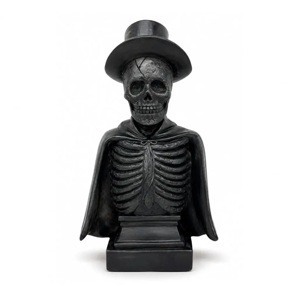 Halloween Tabletop Decoration for Party Halloween Skull Sculpture with Top Hat Spooky Resin Skeleton Figurine with Led for Home