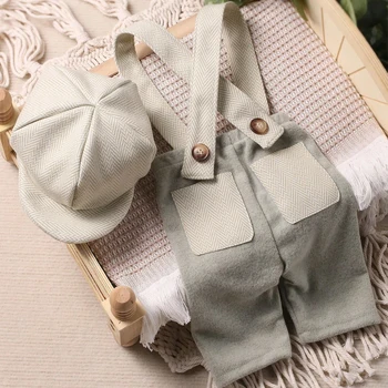 Ylsteed Little Gentleman Photography Outfits Newborn Boy Plaid Pocket Suspender Trousers with Casquette Infant Shooting Jumpsuit 2