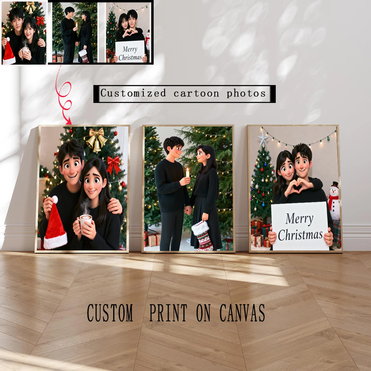 

﻿ 3pcs Custom Cartoon style portrait your photo canvas printing family pet animal wall art Christmas home decoration