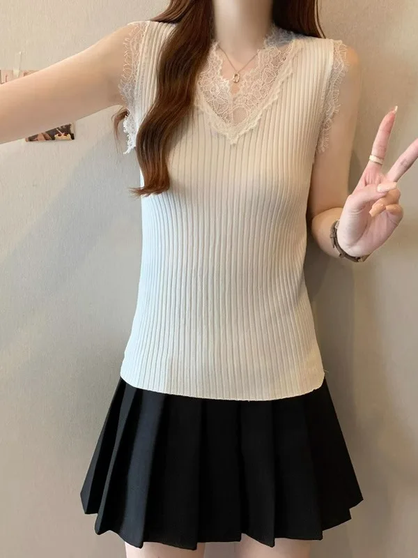 เสื้อคลุมผู้หญิงไซส์ใหญ่สำหรับฤดูร้อน ผ้าลูกไม้ปะติด แต่งขอบเสื้อแบบถัก คอวี ช่วยปกปิดหน้าท้อง สไตล์ลำลองแฟชั่น