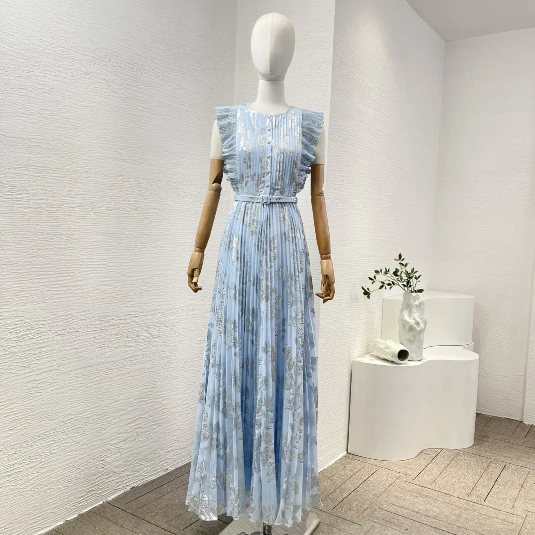 

Newest Elegant Women Clothing Summer Blue Floral Print Sleeveless Pleat Ruffles Belted Hole Maxi Dress