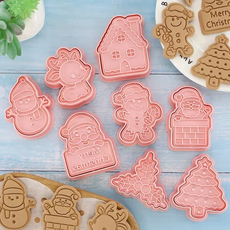 

8Pcs/Set Christmas Biscuit Mold Santa Snowman Tree Elk Cute Pattern Cookie Stamp Pressure Fondant Sugarcraft Baking Tools