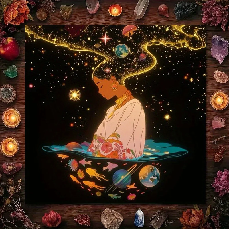 Boho Celestial Goddess Starry Night Tapestry Wall Hanging Bohemian Spiritual Dream Art Decor 90x90cm